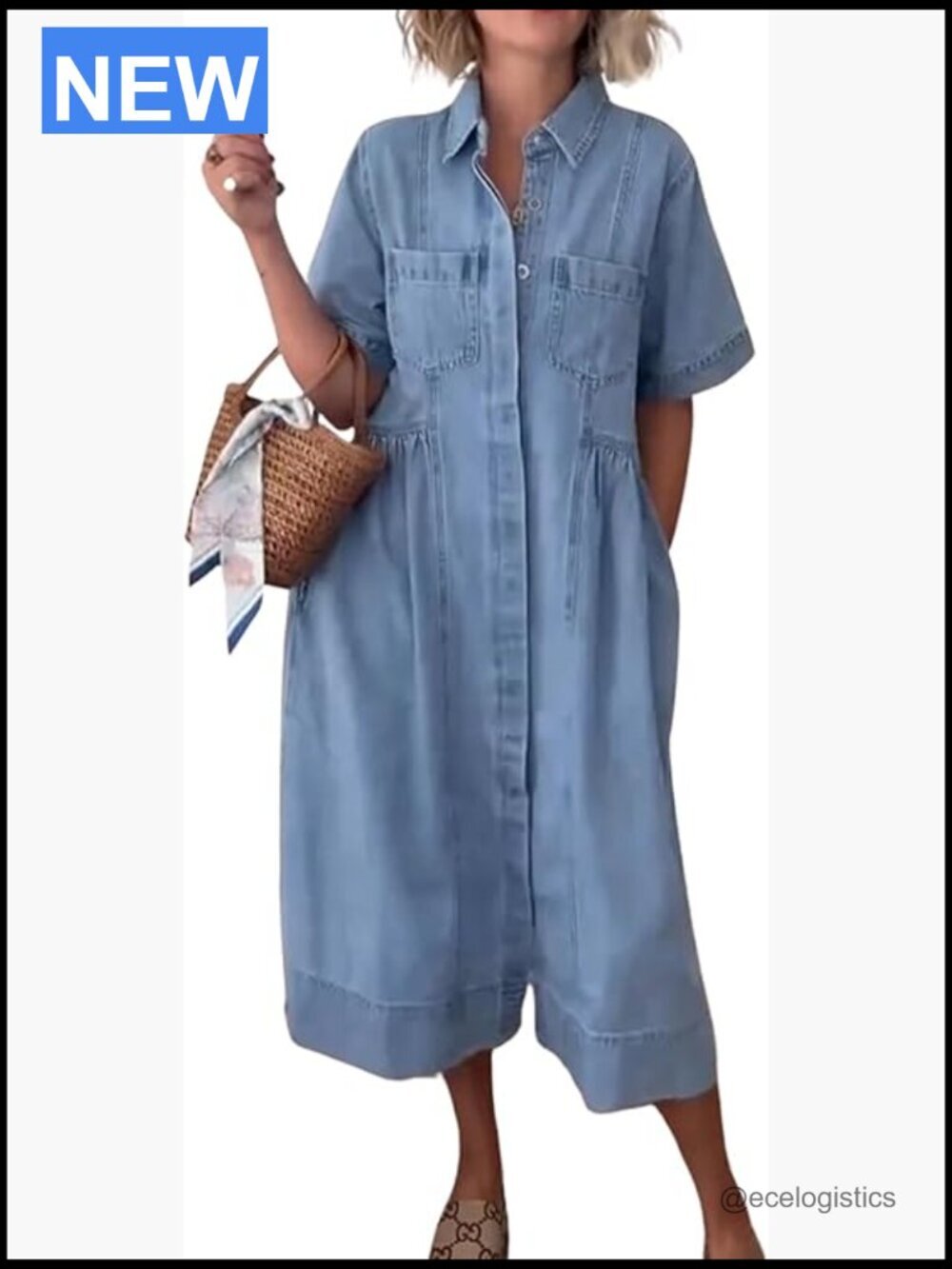 Short Sleeve Denim Shirt Dress Midi A-Line Button Down V-Neck